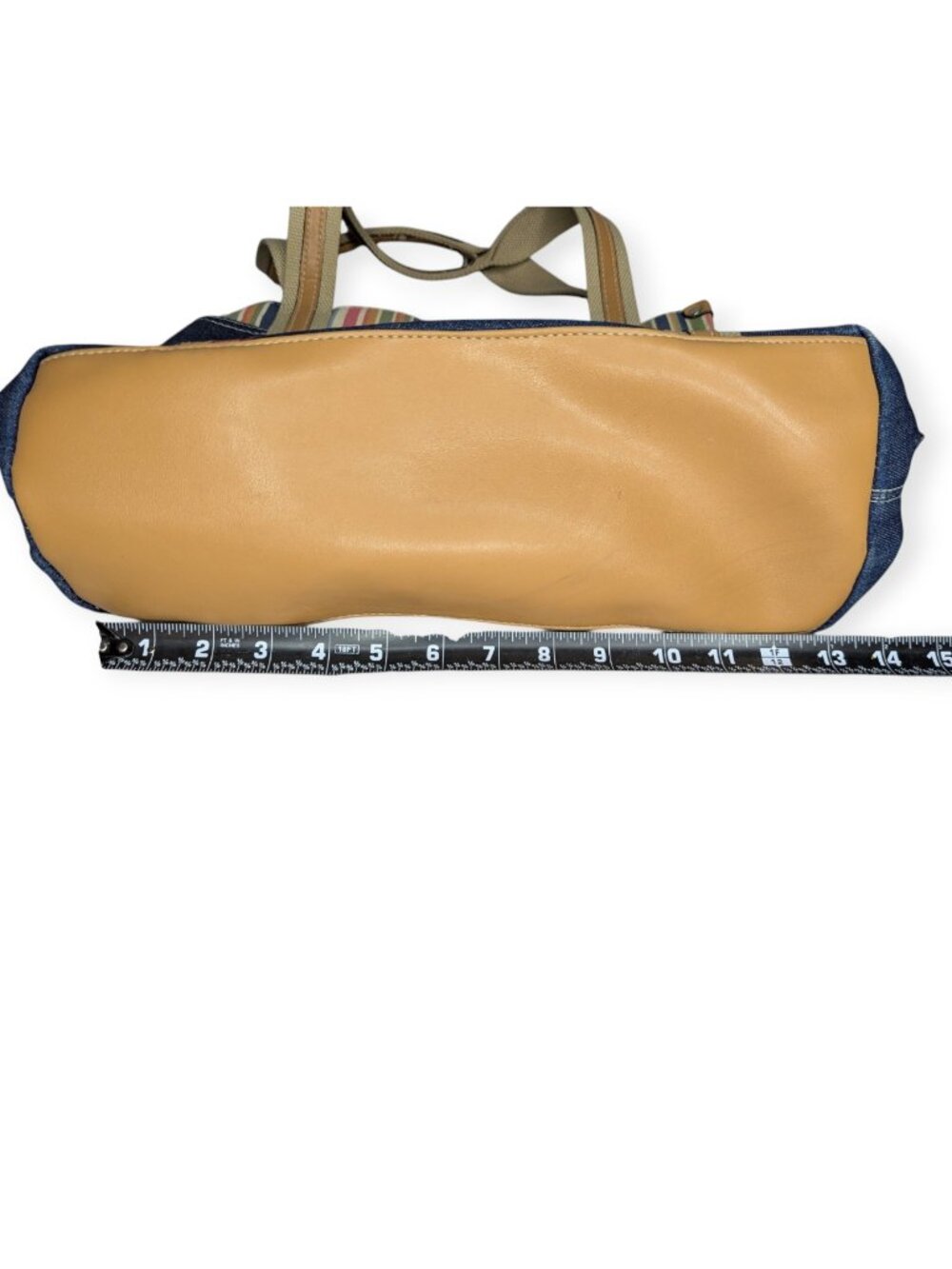 Denim & Tan Cotton Canvas Tote Multi-Stripe Trim Double Hand1es 3" x 9" x 5.5" - Picture 12 of 15